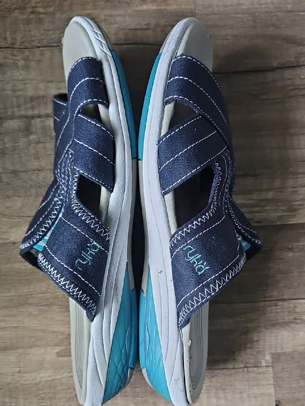 Ryka Navy and Teal Cross-Strap Slide Sandals Size 8